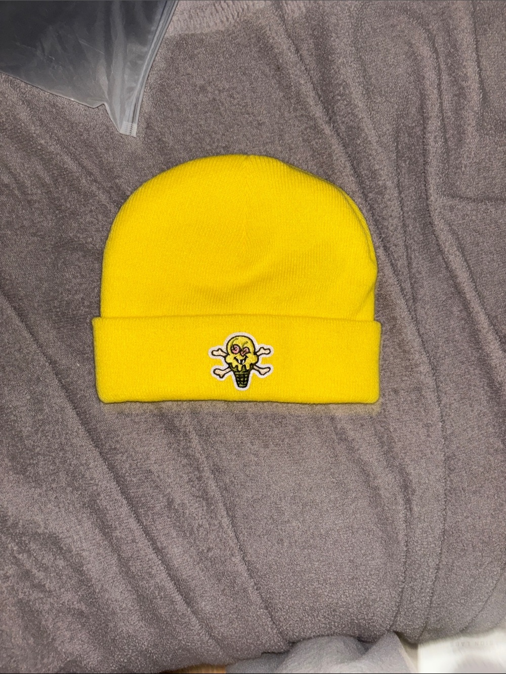 Bright Yellow Kids Knit Beanie with Ice Cream Skull Patch